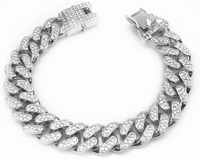 Dog Collar Cuban Silver Link Crystal Dog Chain Design Secure Buckle Jewelry by Unknown
