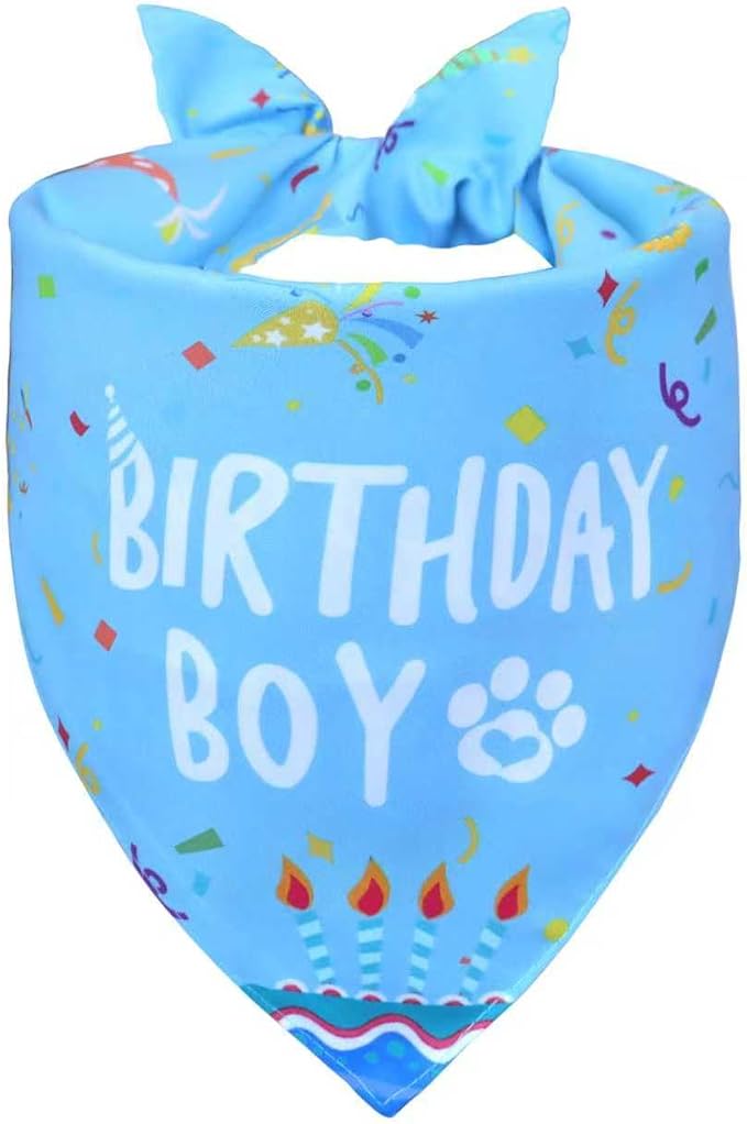 Dog Birthday Bandana Boy for Small Dogs, Reversible 2 Patterns in 1, Happy by WoffBow