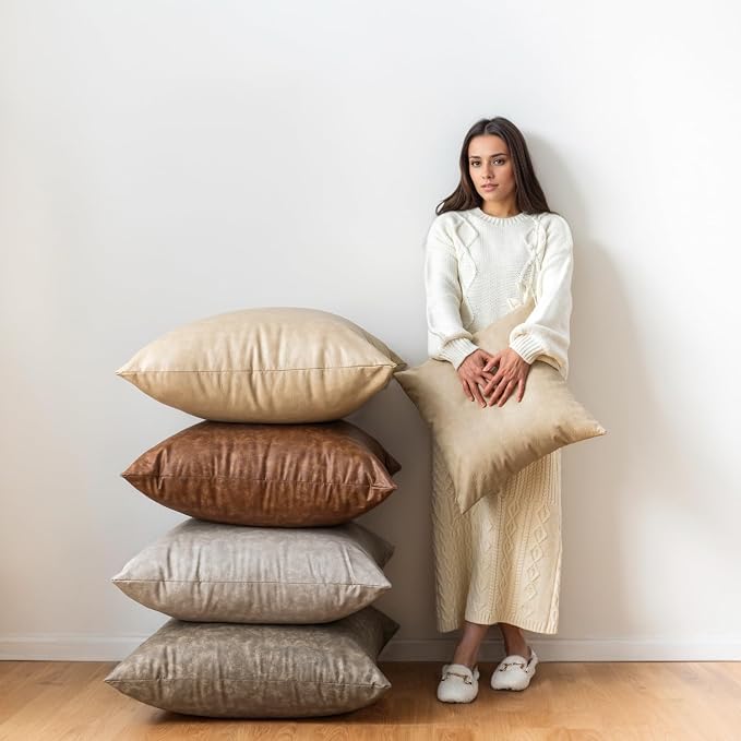 Oversized Neutral Decorative Leather Pillow Cover Pack of 2, - Image 5