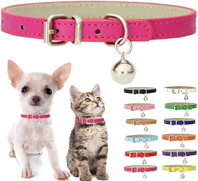 Hot Pink XS Dog Collar with Bell, Soft Pu Leather Cat Collars Adjustable Buckle by Weimostar