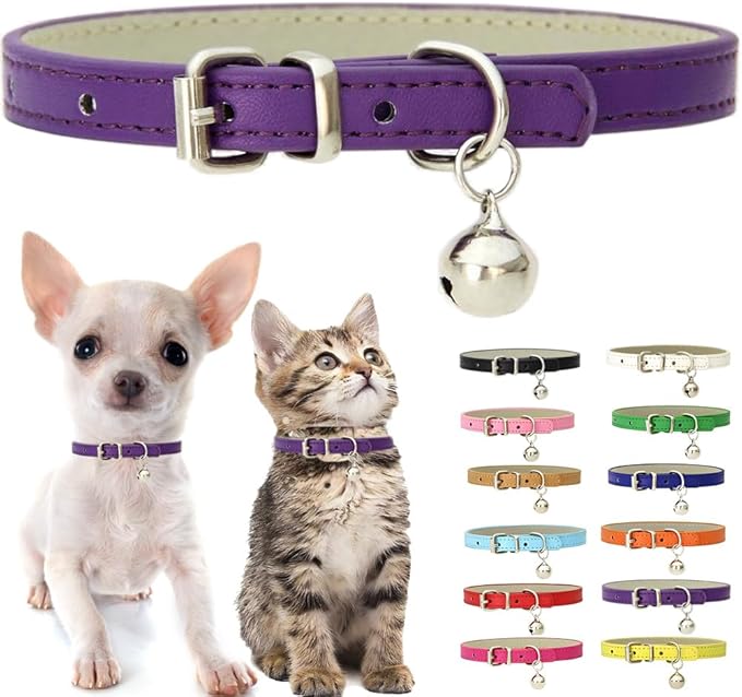 Purple Puppy Collar with Bell, Soft Pu Leather Cat Collars Adjustable Buckle by Weimostar