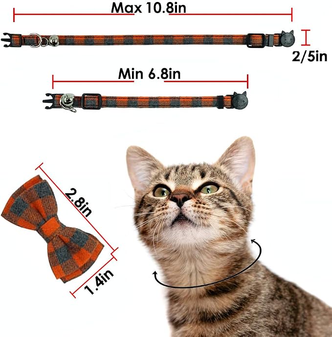 Cat Collar Breakaway with Bell and Bow Tie, Plaid Design Adjustable Safety - Image 7