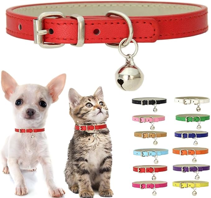 Red Puppy Collar with Bell, Soft Pu Leather Cat Collars Adjustable Buckle by Weimostar
