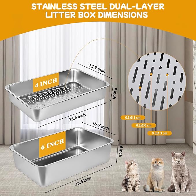 23.6''x15.7''x6'' Stainless Steel Sifting Litter Box, XL Large Metal Sifting - Image 2