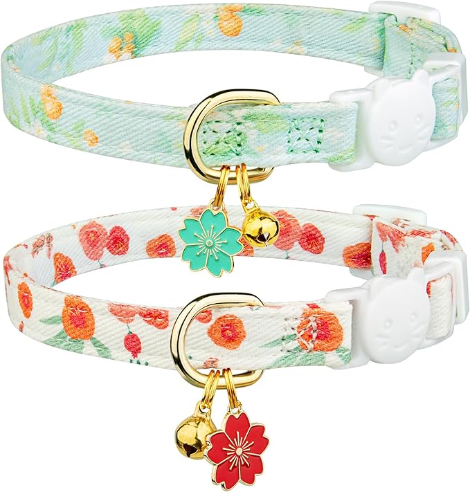 2 Pack Cotton Breakaway Cat Collar Green and Red Flowers Pendant Cute Kitten by Fyeqyaou