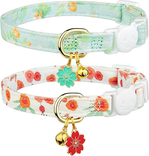 2 Pack Cotton Breakaway Cat Collar Green and Red Flowers Pendant Cute Kitten by Fyeqyaou