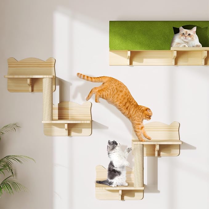 Cat Wall Shelves, 7-in-1 Solid Wood Wall-Mounted Cats Furniture Set - Image 5