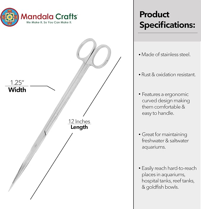 Mandala Crafts 12 Inches Silver Stainless Steel Straight Aquarium Scissors - Image 3