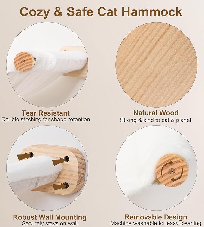 Cat Wall Shelves with 1 Floating Fabric Hammock, 2 Ladders with 4 Steps Each & - Image 4