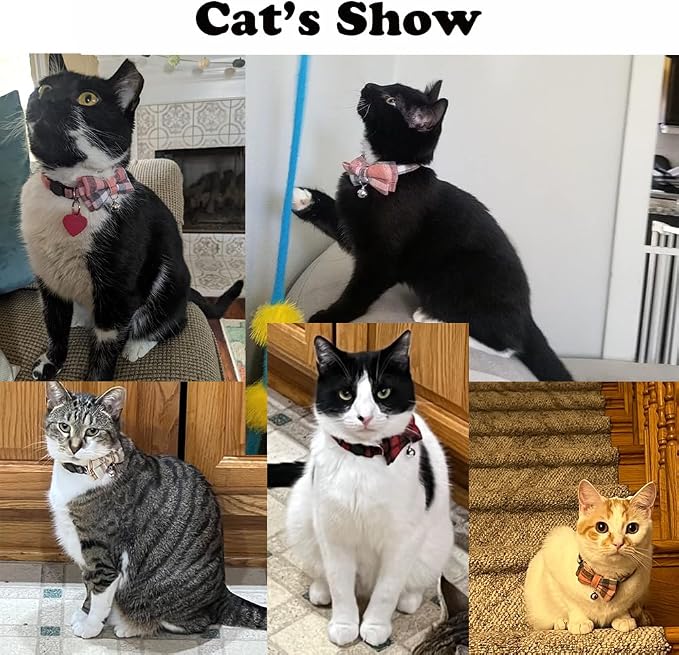 Blue Plaid Bow Dog Collar with Bell, Breakaway Cat Bell Collar with Bowtie - Image 3