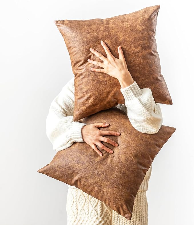 Pack of 2 Faux Leather Pillow Covers, Soft Rustic Farmhouse Neutral Vintage by GEGELICA