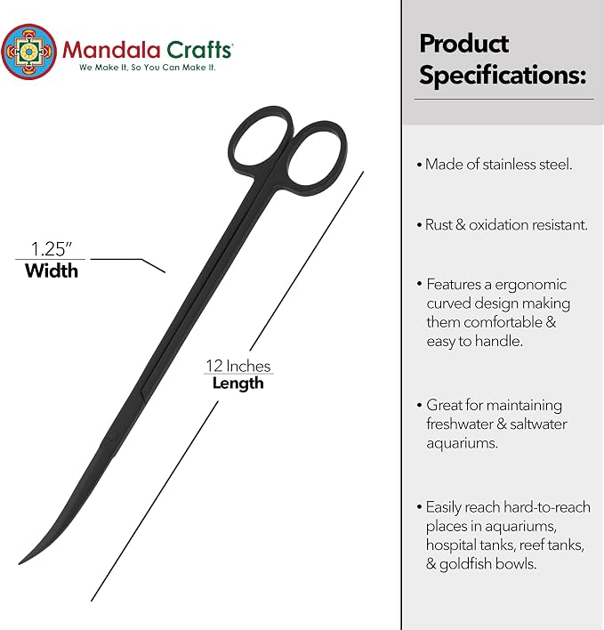 Mandala Crafts 12 Inches Black Stainless Steel Curved Aquarium Scissors - Image 3