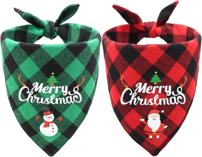 Christmas Dog Bandanas 2PCS-XLarge, Classic Plaid Triangle Holiday Scarf by CozyHaus