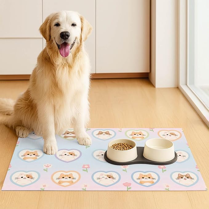Cat Feedings Mats 20x12 inch Pastel Heart Kitten Print Pet Bowl Placemat Non - Image 3