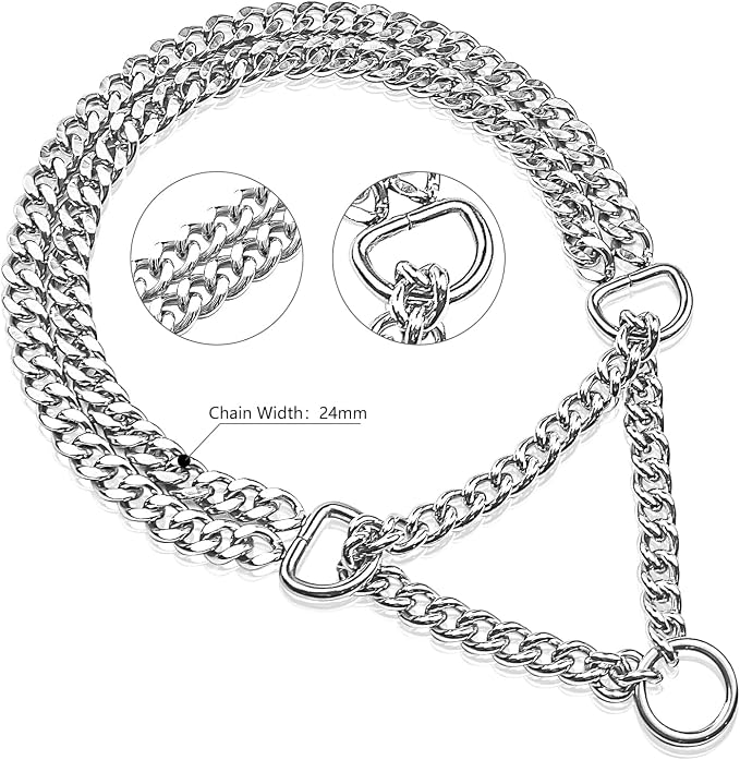 Silver Dog Choker Collar, 2 Rows Stainless Steel Dog Chain Cuban Link Metal - Image 6