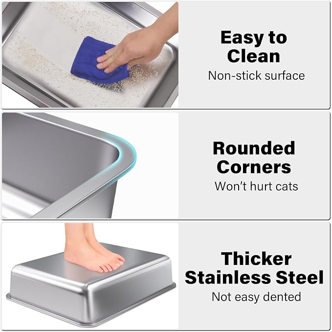 Stainless Steel Litter Box, Metal Litter Boxes 17.7" x 13.7" x 4", Small Litter - Image 3