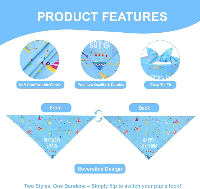Dog Birthday Bandana Boy for Large X-Large Dogs, Reversible 2 Patterns in 1 - Image 3