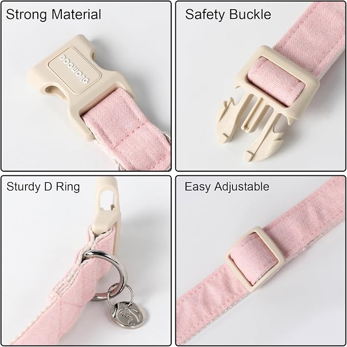 DOGWONG Cotton Hemp Pink Dog Collar Adjustable Soft Natural Fabric Pet Collar - Image 3