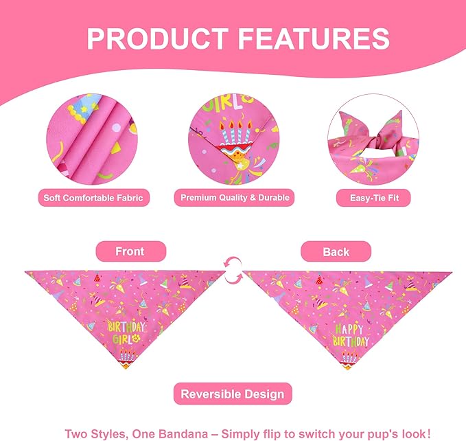 Dog Birthday Bandana Girl for Medium Large Dogs, Reversible 2 Patterns in 1 - Image 3