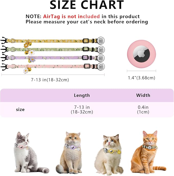 8-13in Airtag Cat Collar Lightweight and Comfortable, Bells & Flower Charm - Image 2