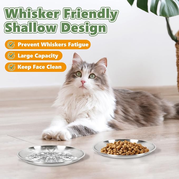 2-Pack Stainless Steel Cat Food Bowls, Shallow Whisker-Friendly Non-Slip - Image 2