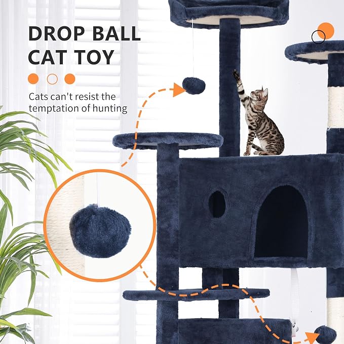 70 Inch Navy Blue Cat Tree, Tall Cat Tower - Image 2