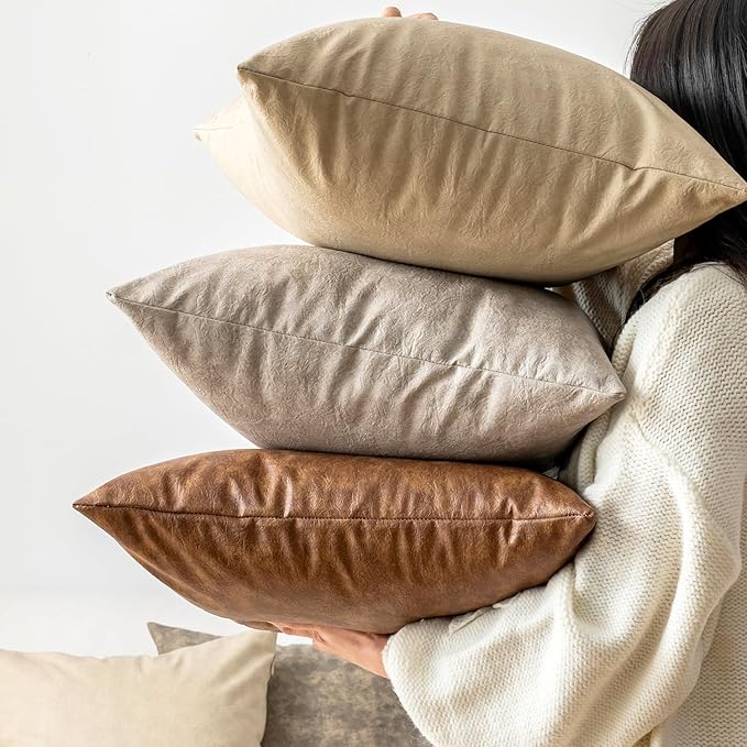 Pack of 2 Leather Throw Pillow Covers, Modern Boho Decorative Cognac Thickened - Image 3