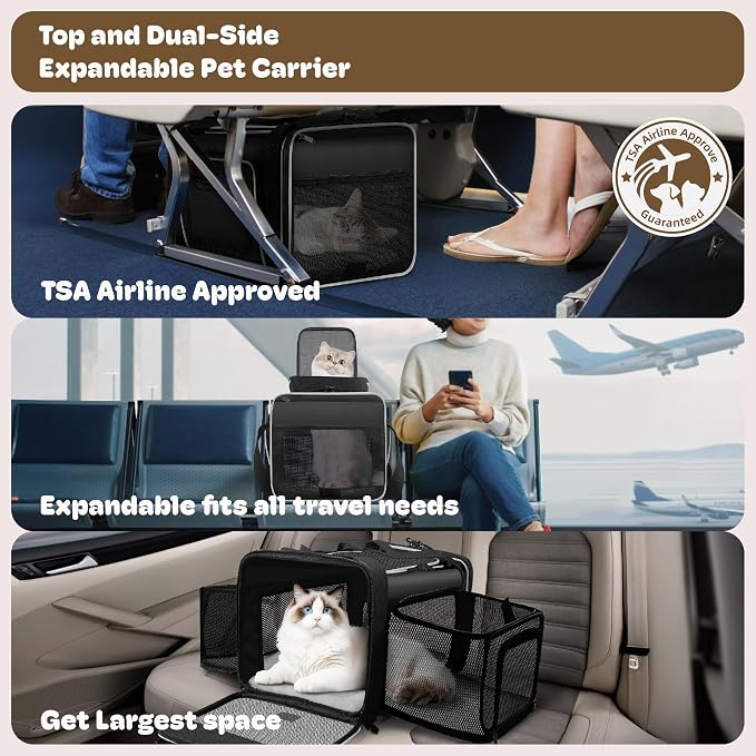Top and 2 Sides Expandable Cat Carrier 18x11x11, TSA Airline Approved Dog - Image 2