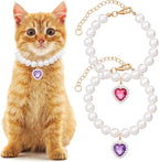 2pcs Cat Dog Pearl Collar, Small Heart Shape Rhinestone Pet Necklace, by Unknown