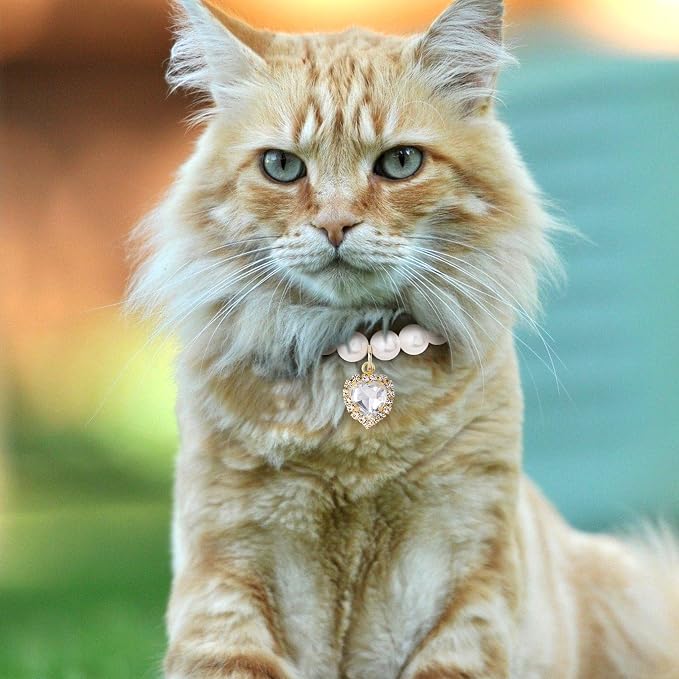 2pcs Cat Pearl Collar with Heart Pendant, Cute Pearl Pet Necklace in Small - Image 5