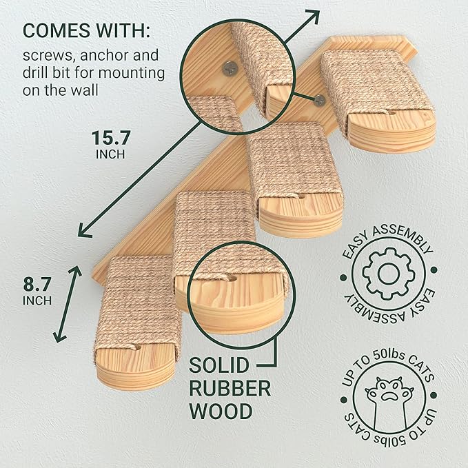 Skywin Cat Wall Steps, 2 Pack Wooden Color Solid Rubber Cat Stairs - Image 6